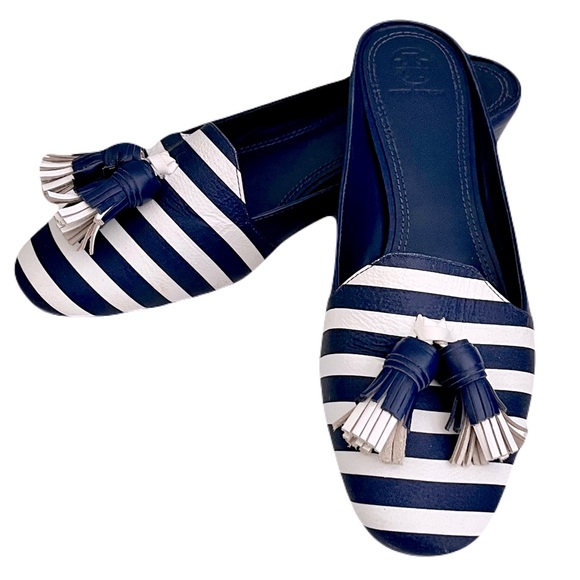 Tory Burch Navy and White Striped Maritime Tassel Slides, Size 10.5 - Picture 1 of 8